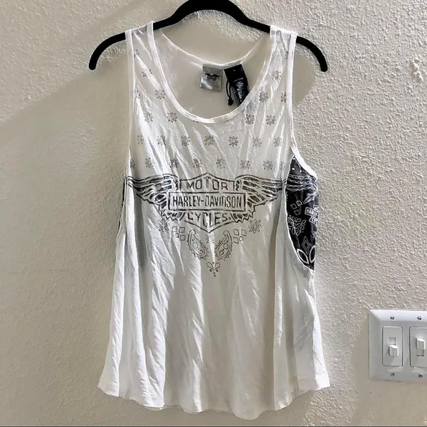 Harley Davidson Linen Rayon Biker Y2K Vintage Sleeveless tank top Blouse Shirt Punk Rock Streetwear Edgy Goth Modernist Black White Sz L Approx measurement Pit to pit:18” Length:24.5” - Image 2