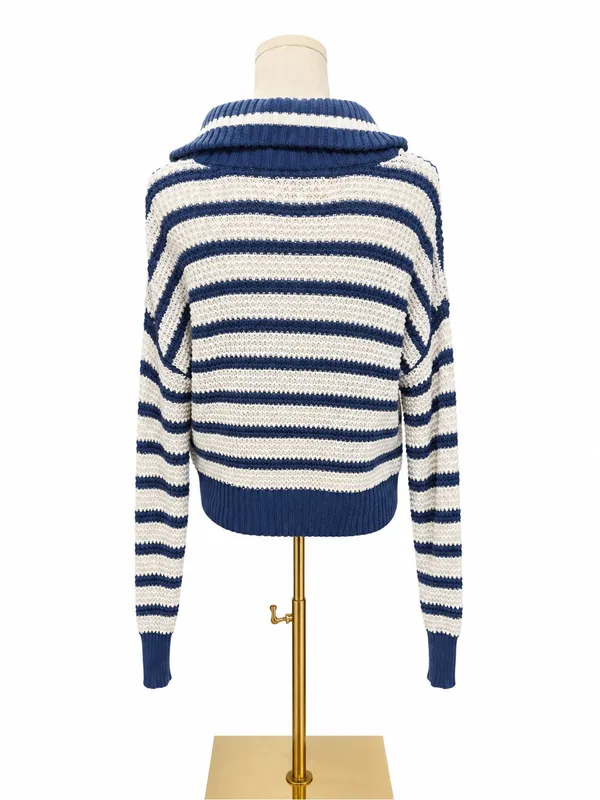 Simply Southern Collection Blue White Striped Quarter Zip Sweater Size Small - Image 3