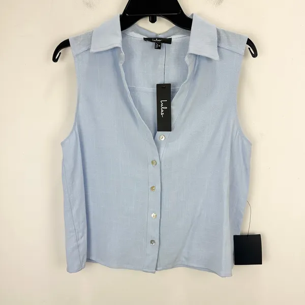 Lulus Casual Contentment Light Blue Linen Button-Up Collared Tank Top Medium NWT - Image 5