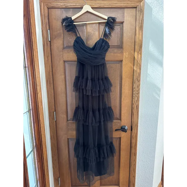 LULU'S Pure Radiance Black Mesh Swiss Dot Tiered Maxi Dress Size XS - Image 3