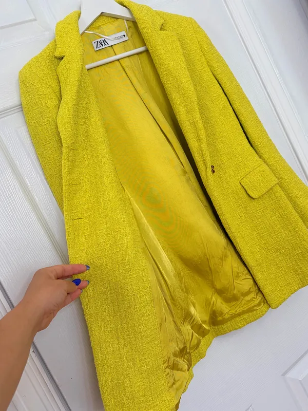 ZARA Chartreuse Boucle Blazer XS GoldButton Tweed Quiet Luxury Mod Preppy Career - Image 9