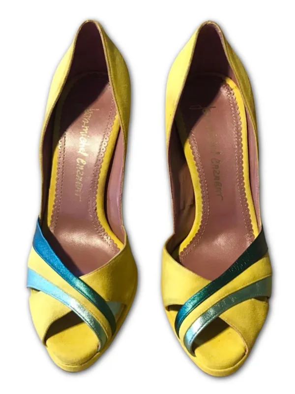 Jean-Michel Cazabat Paris Yellow Suede And Teal Leather Accent Heels (37) - Image 4