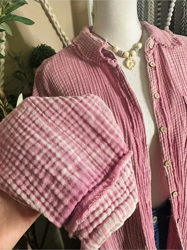 Zenana Pink Double Gauze Waffle Raw Hem Button Up Shirt - Image 5