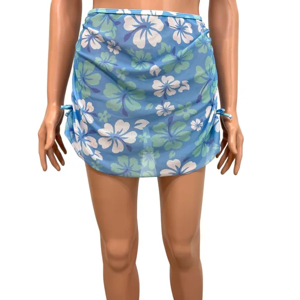 XS S hibiscus floral sheer mesh stretch ruched swim cover skirt SW2 3512 - Image 9