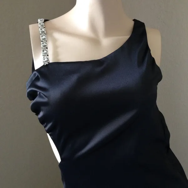 Faviana Black Satin Long Evening Dress Back & Side Cutout Rhinestone Strap Sz 2 - Image 3