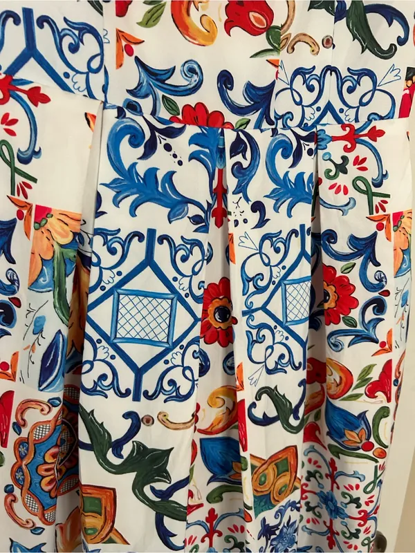 Dalia Macphee Floral Mosaic Tile Print Sleeveless Shoulder Tie Dress Pleat Skirt - Image 6