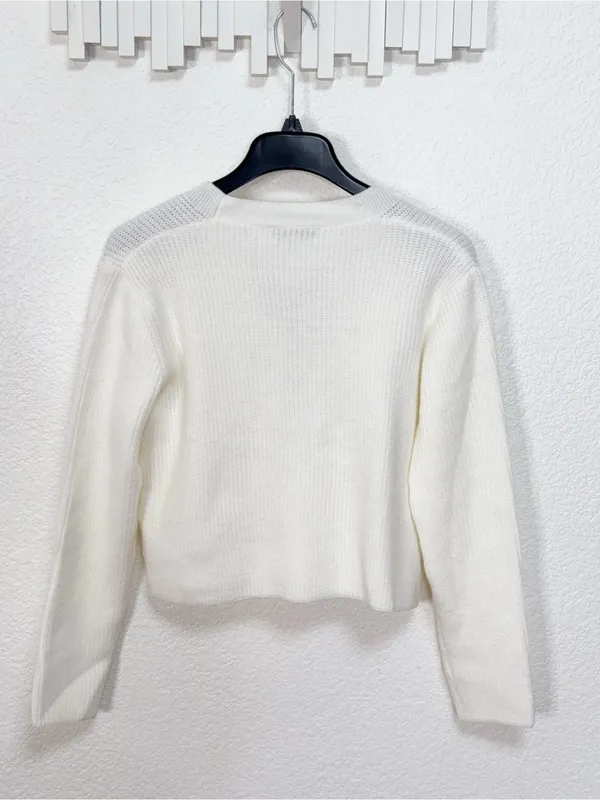 Miss Sparkling White Cropped Cardigan with Removable Black Velvet Bow Pin - Image 6