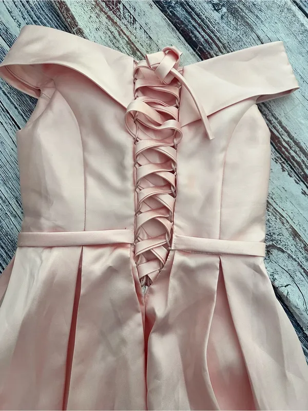 Handmade Off-Shoulder Taffeta Fit & Flare Dress in Light Pink - Image 12