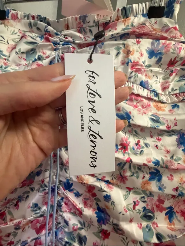 Love and Lemons Floral Ruched Mini Skirt - White with Pink & Blue Floral - Image 3