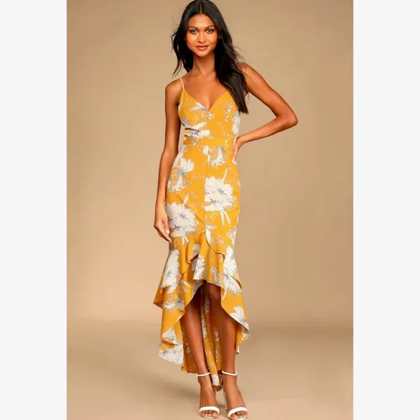 Lulu’s Darling Daylily Mustard Yellow Floral Print High-Low Maxi Dress M - Image 2