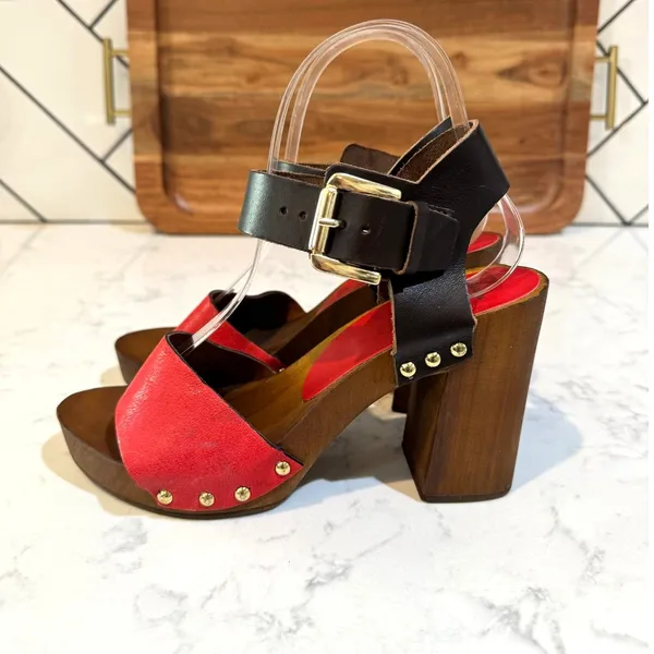 Prima Donna red brown leather wooden studded heel size 35 bohemian summer - Image 4