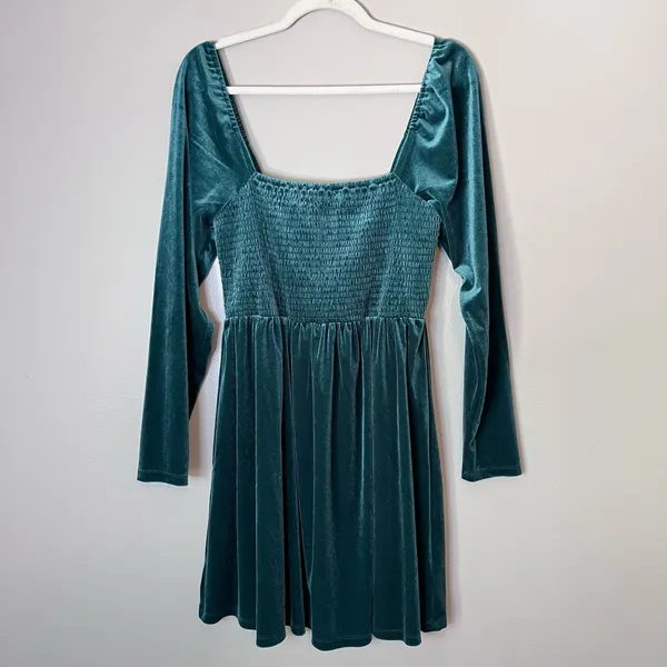 Gap Smocked Velvet Long Sleeve Square Neck Mini Party Dress Pine Green - Image 2