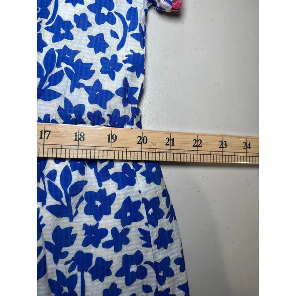 THML Anthropologie XL Blue White Floral Tiered Babydoll Dress Pink Pom Pom Trim - Image 11
