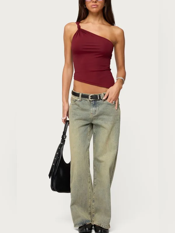 Edikted Knotted One Shoulder Asymmetric Top Maroon Small NWOT - Image 4
