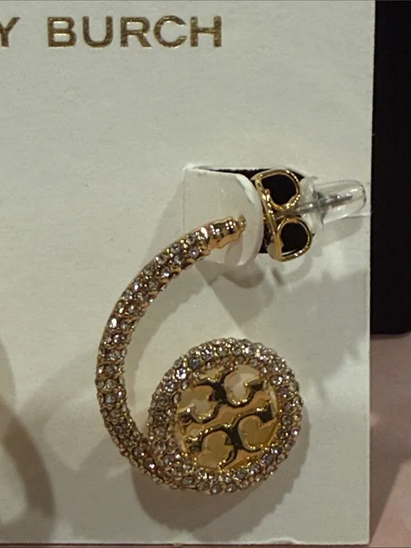Tory Burch | Gold Plated & Pave Crystal Spiral Logo Drop Earrings | Medium - Image 3