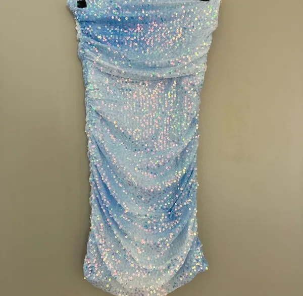 Windsor Light Blue Sequin Mesh Strapless Ruched Bodycon Mini Dress Size M - Image 2