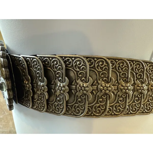 Belt OSFM Metal Silver Tone Elastic Stretch Oval Buckle w/ Enamel & Bling Vtg - Image 4