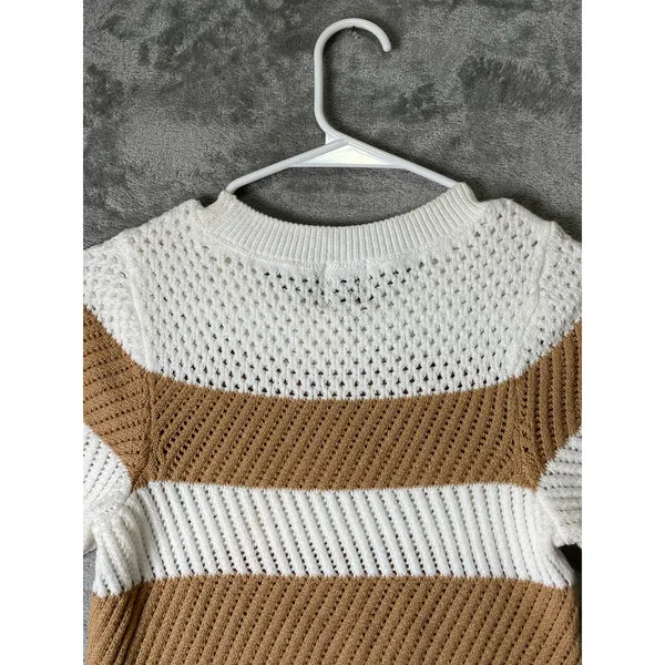 Maeve Open Stitch Mesh Sweater Women's XXS Tan Cream Striped Short Sleeve Knit - Image 4