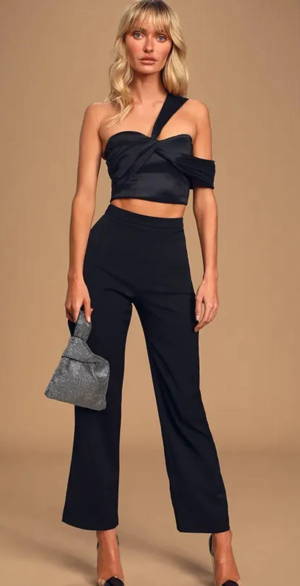Lulus Black Satin One-Shoulder Asymmetrical Crop Top - Image 3