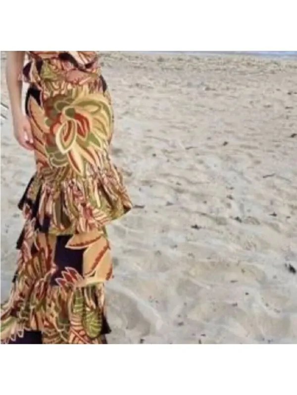 Zara Womens tropical leaf linen blend tiered ruffle skirt Small Hawaiian Beach - Image 3