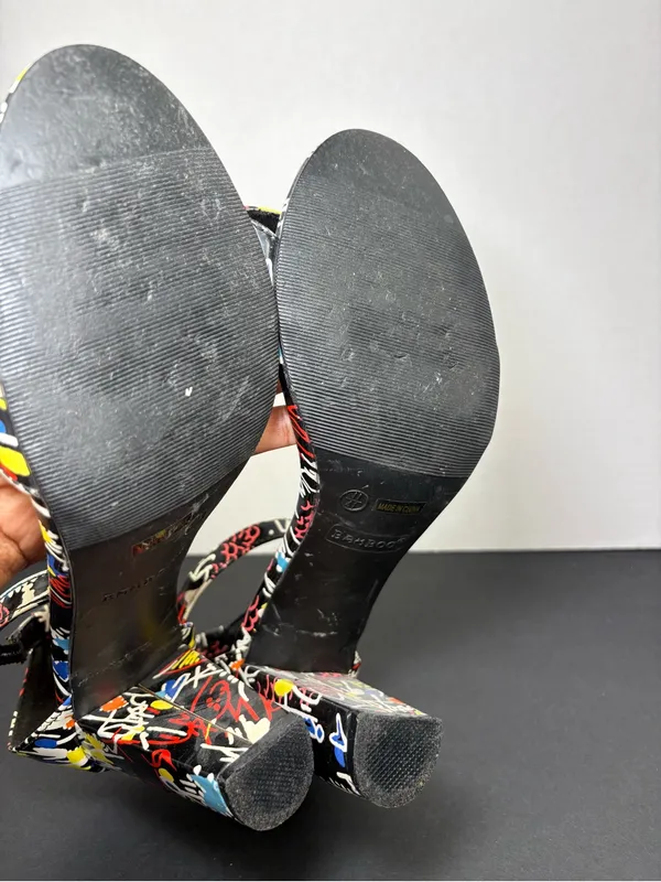 Block Heels BAMBOO Black Multi-Color Graffiti Ankle Strap Sandals - Image 9