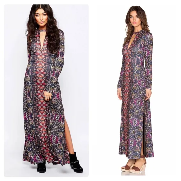 Free People Cabaret Long Sleeve Maxi Dress Medium Sunrise Combo Stretch - Image 8