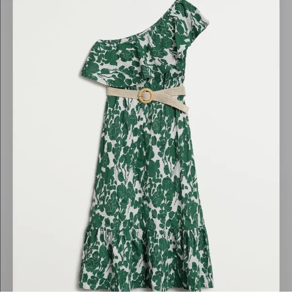 Mango One-Shoulder Green Leaf Dress - Image 3