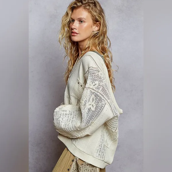 POL Lg Cream Patchwork V-Neck Button Front Cardigan - Image 7