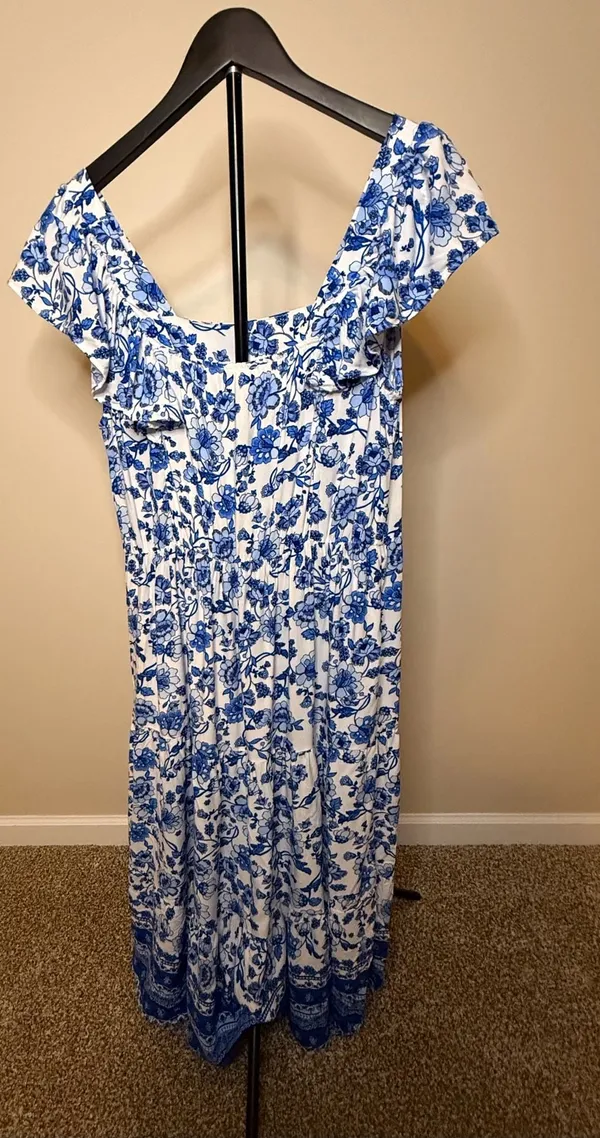 Chenault Pink & Violet Blue Floral Print Ruffle Sleeve Maxi Dress‎ Size L - Image 3