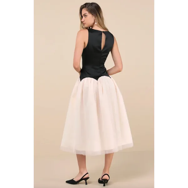 Lulus Contemporary Elegance Black and Cream Satin Tulle Midi Dress Large NWT - Image 2