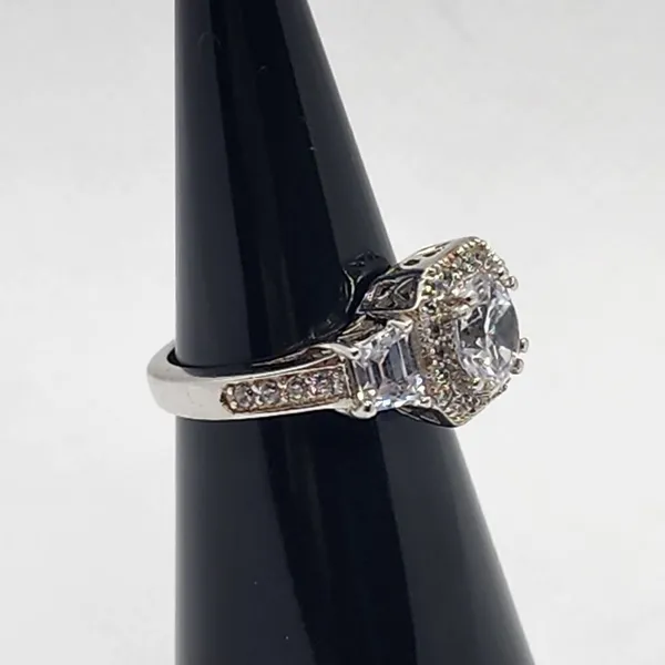 Sterling Silver Round Cubic Zirconia Halo Art Deco Ring (5) - Image 7