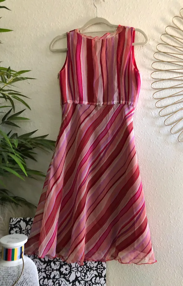 Pink red multicolor colorful sleeveless dress with drawstring waist diagonal stripes print with invisible zipper - Image 2
