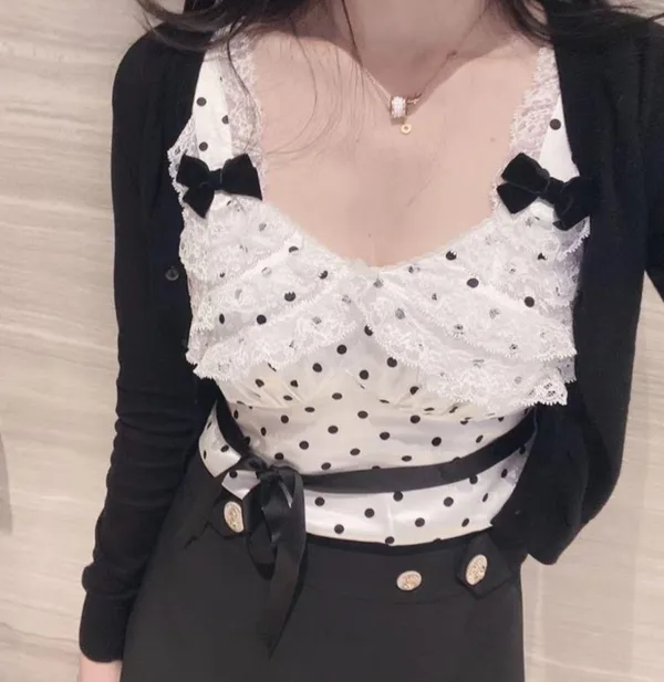 Japanese White Silky Lace Vintage Black Polka Dotted Ribbon Bow Tank Top Blouse - Image 5