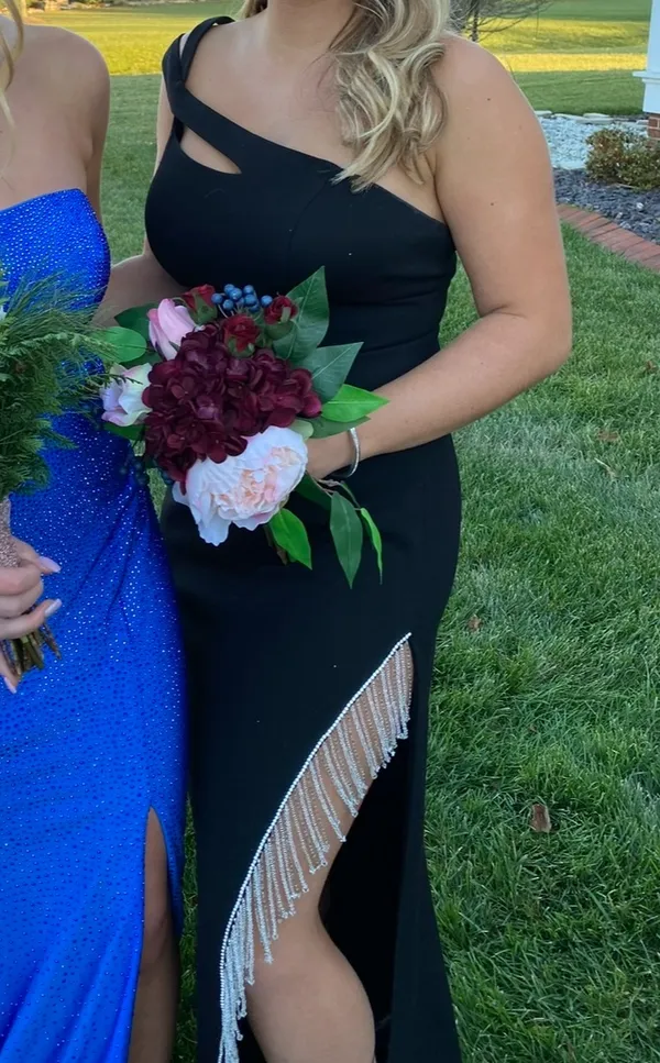 Sherri Hill Black Prom Dress with Fringe down the leg slit - Image 2