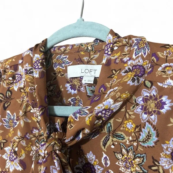LOFT Women’s Floral Tie Neck Blouse Medium Long Sleeve Boho Cottagecore Fall Top - Image 2
