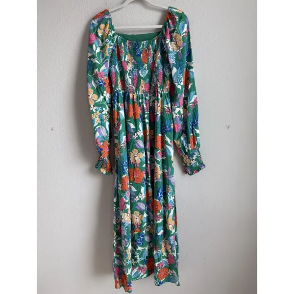 PRETTYGARDEN Green Tropical Floral Maxi Dress Smocked Cuff Square‎ Neck Boho M - Image 12
