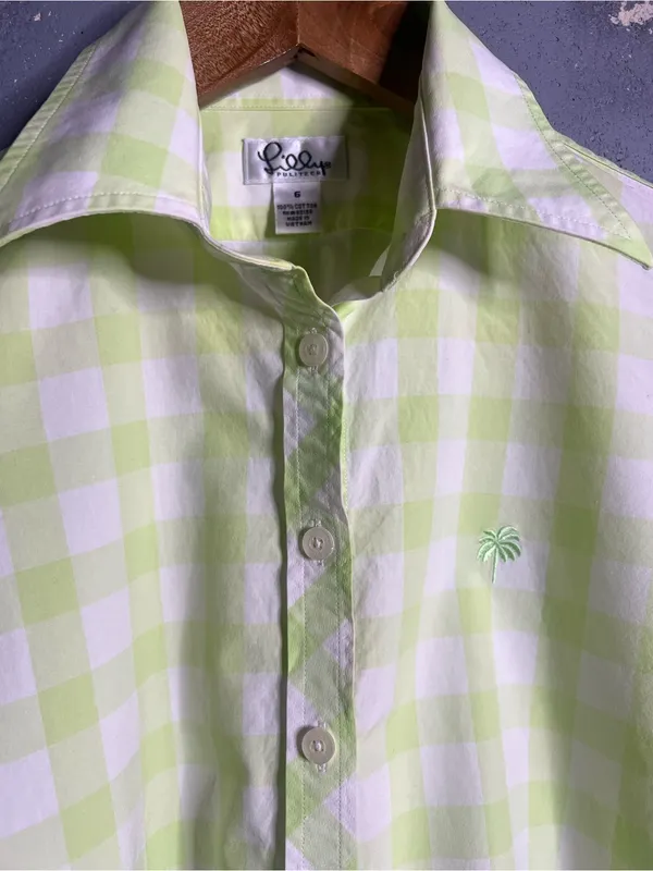Vintage Lilly Pulitzer Gingham Green Button Up Shirt. Size 6 - Image 3