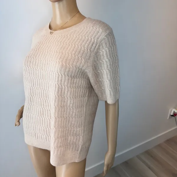 Magaschoni 100% Cashmere Short‎ Sleeve Sweater Cable Knit Beige Tan Womens S M - Image 3
