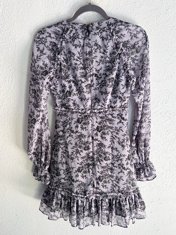 LIKELY Amber Dress Lavender Black Floral Ruffle Long Sleeve Mini Dress 00 NWT - Image 2