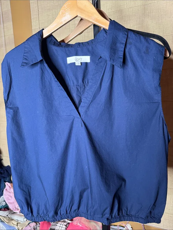 LOFT Deep Navy Cotton Poplin Sleeveless Collared Bubble Hem Top Size XL - Image 3