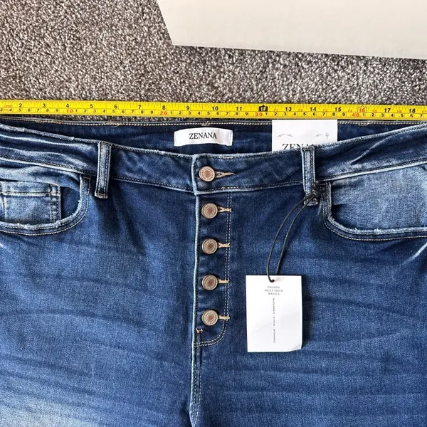 Zenana Button Fly Dark Wash Raw Hem Skinny Jeans – Size 36 NWT - Image 5