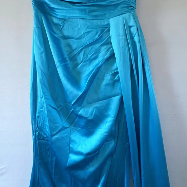 Lulus Turquoise Blue Satin Strapless Ruched Maxi Dress HD2848 Prom Gown - Image 8