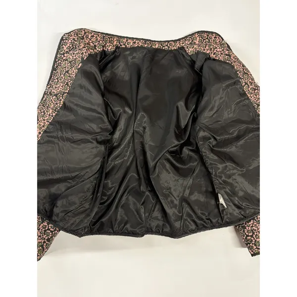 Floral Quilted Puffer Jacket Pink Green Black Open Front Pockets Large - Image 6