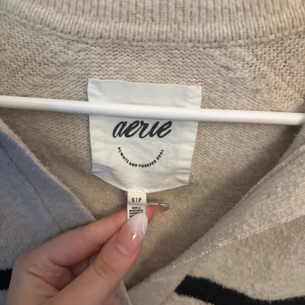 Aerie Beige & Black Striped Collared Sweater - Image 3