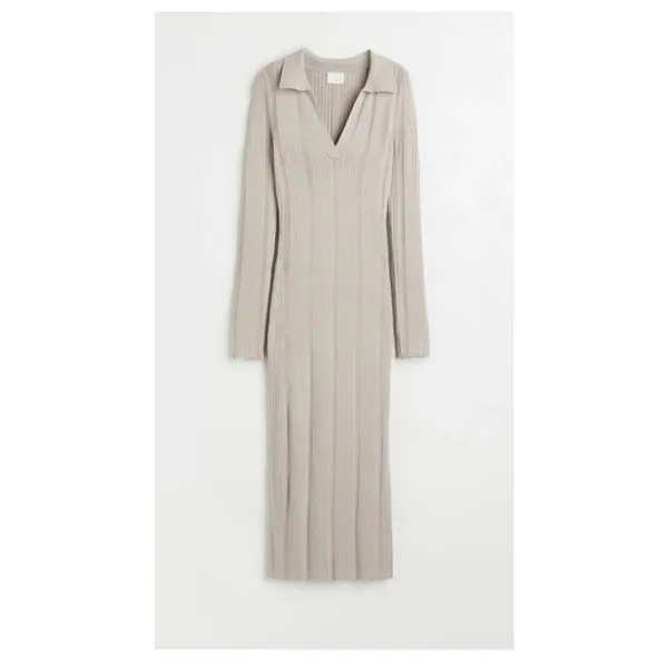 H&M NWT Rib Knit Dress Women's M Beige Tan V Neck Collared Bodycon Midi - Image 16