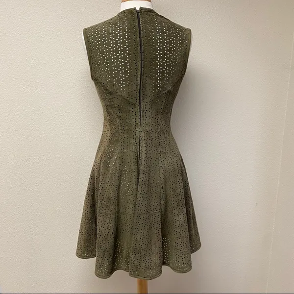 Olive Green Laser Cut Faux Suede Fit & Flare Dress Small - Image 2
