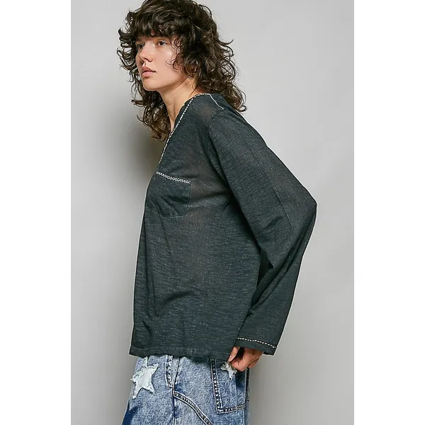 POL Contrast Stitch V-Neck Lightweight Knit Long Sleeve Top - Black - Large - Image 2