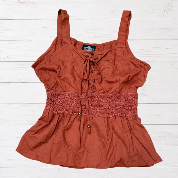 NWT Boho Lace Up Peplum Cami Top Rust Orange Crochet Waist Angie Small - Image 2