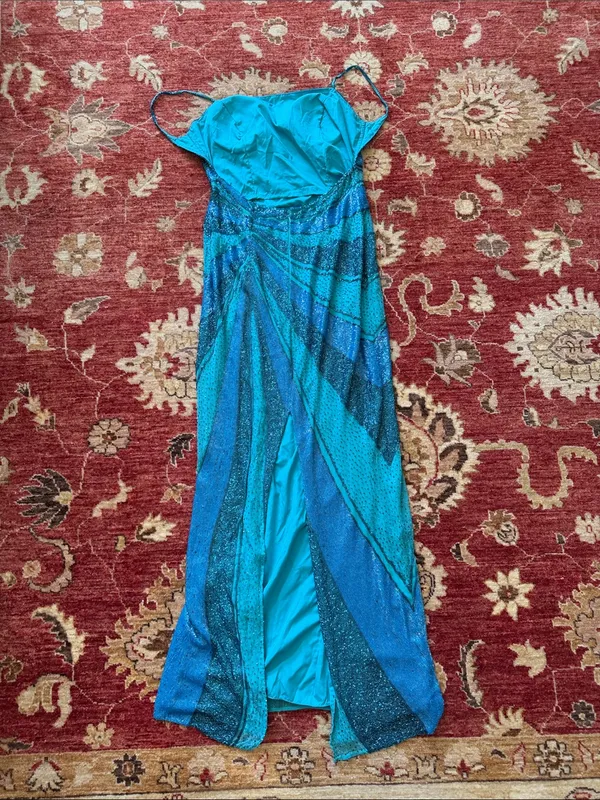 Teal & Blue Ruched Spaghetti-Strap Evening Gown - Image 7