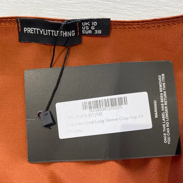 Pretty Little Thing New Satin Cowl Neck Long Sleeve Crop Top Rust Size 6 - Image 15